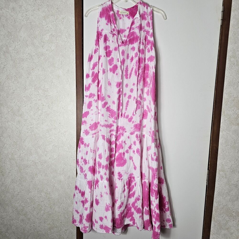 STARK X Women’s Pink & White Tie Dye Sleeveless Gauze Layered Maxi Dress Size M - Picture 2 of 8